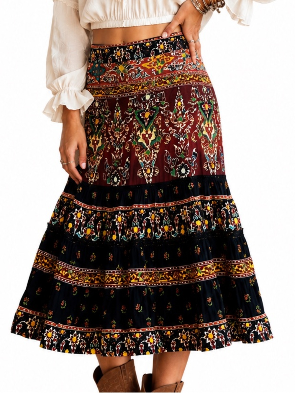 MNG Mango Boho Tiered Paisley Midi Skirt Sz 8 Rustic Floral Festival Cottagecore